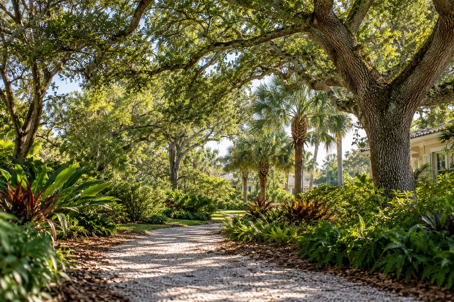 Garden path under a leafy Florida tree canopy