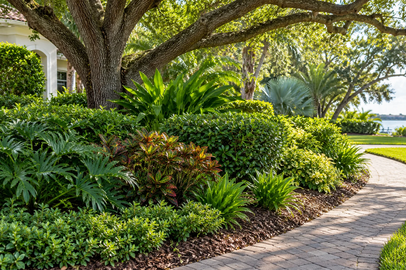 Maintained shrubs beneath a leafy oak canopy