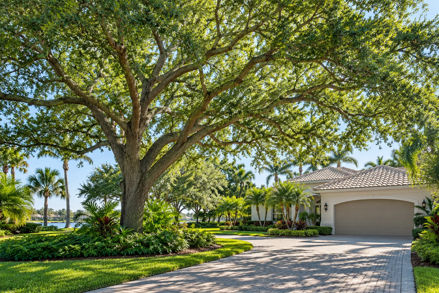 Balanced live oak canopy above a residential driveway